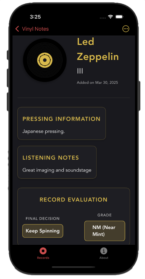 Vinyl Notes edit screen