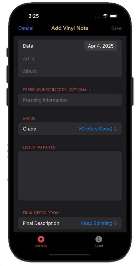 Vinyl Notes entry screen