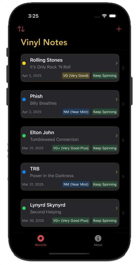 Vinyl Notes home screen showing record collection