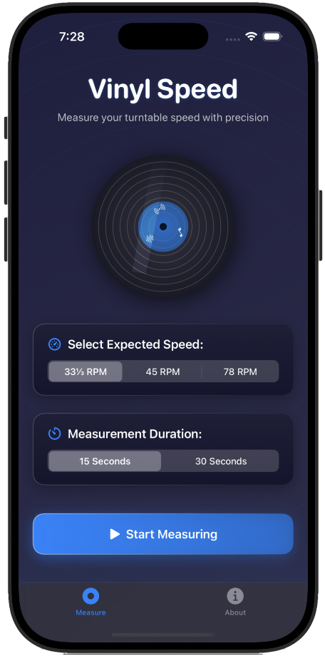 Vinyl Speed home screen showing speed selection
