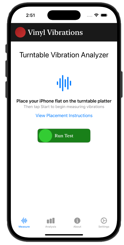 Vinyl Vibrations iOS app showing vibration analyzer